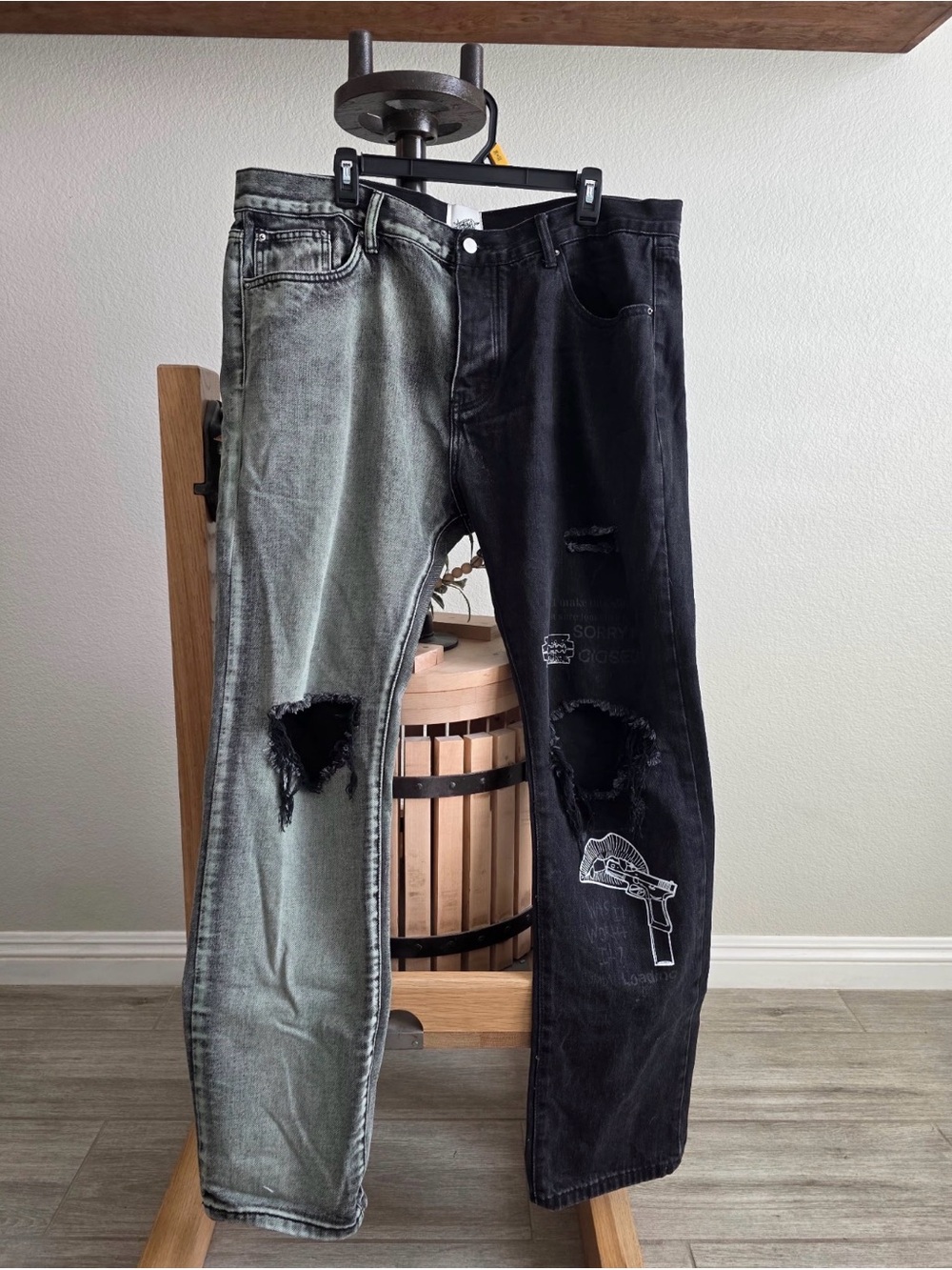 MNML Two-Tone Distressed Men’s Jeans - Black & Washed Gray - Size 40
